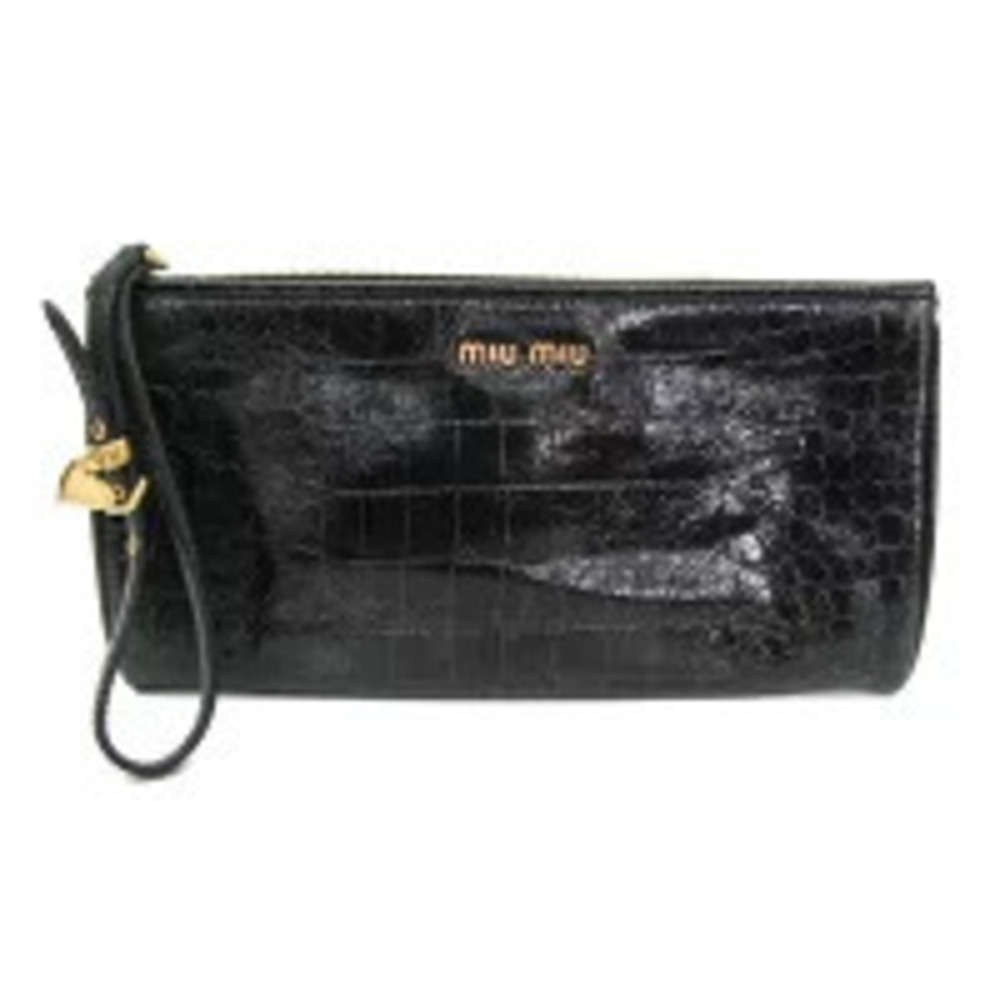Miu Miu St Cocco Lux Crocodile Embossed Leather Wristlet Clutch Black